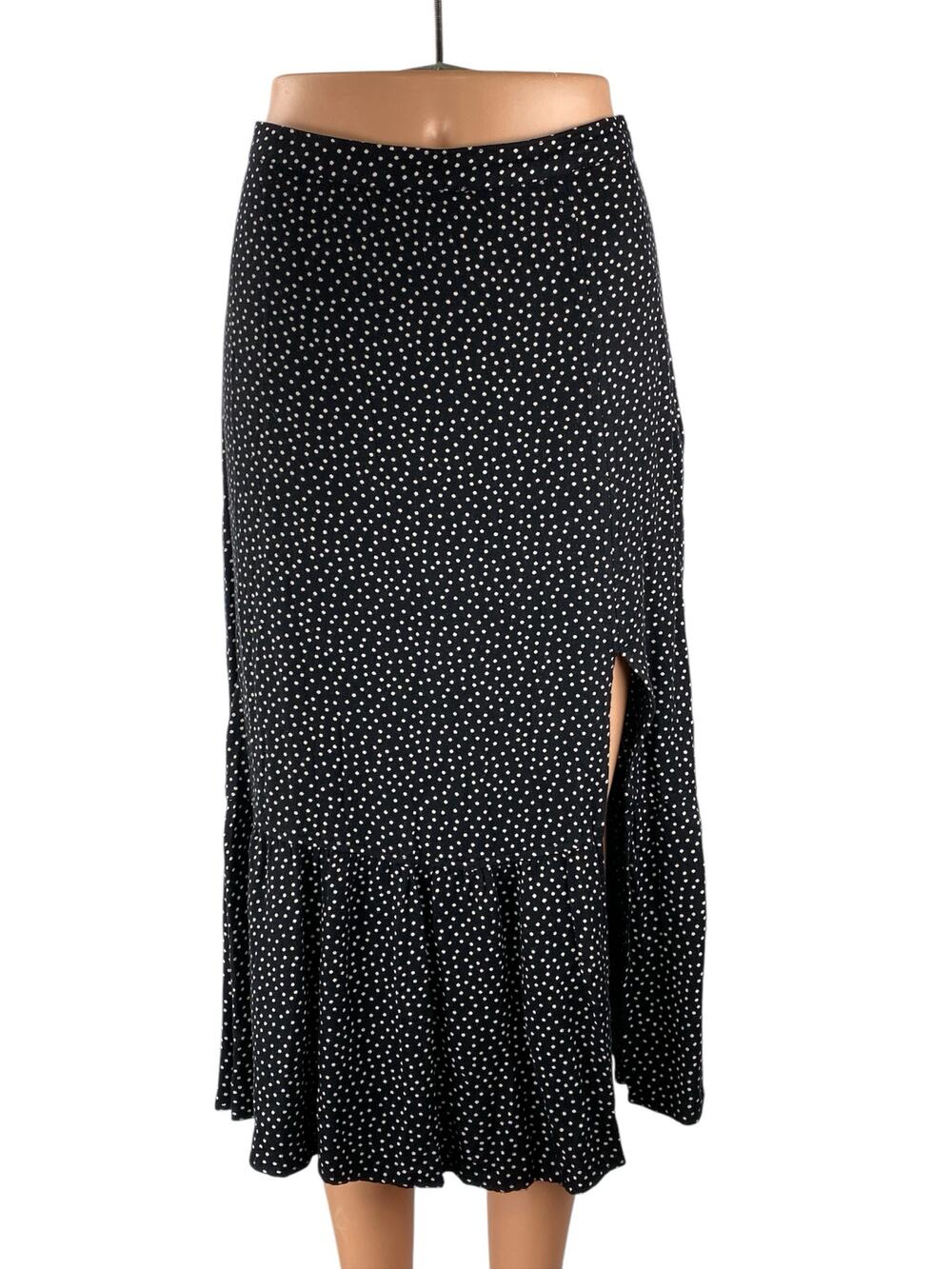 Abercrombie & Fitch Black White Polka Dots Side Slit Ruffle Slip Midi Skirt Sz S